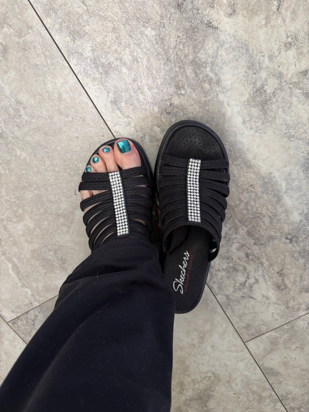 Skechers Black Slip-On Sandals with Rhinestone Stripe